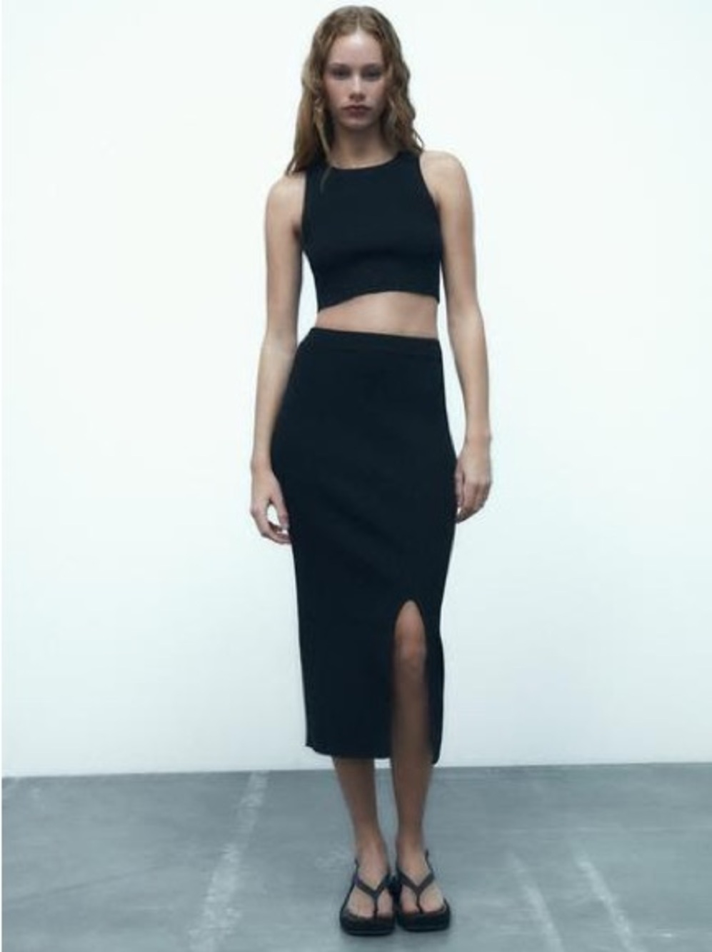Zara Rib Ribbed Knit Black Midi Pencil Skirt with Front Slit in Black